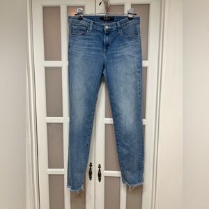 J Brand Slim Straight Jeans Size 28 Medium Wash Raw Hem Stretch Denim